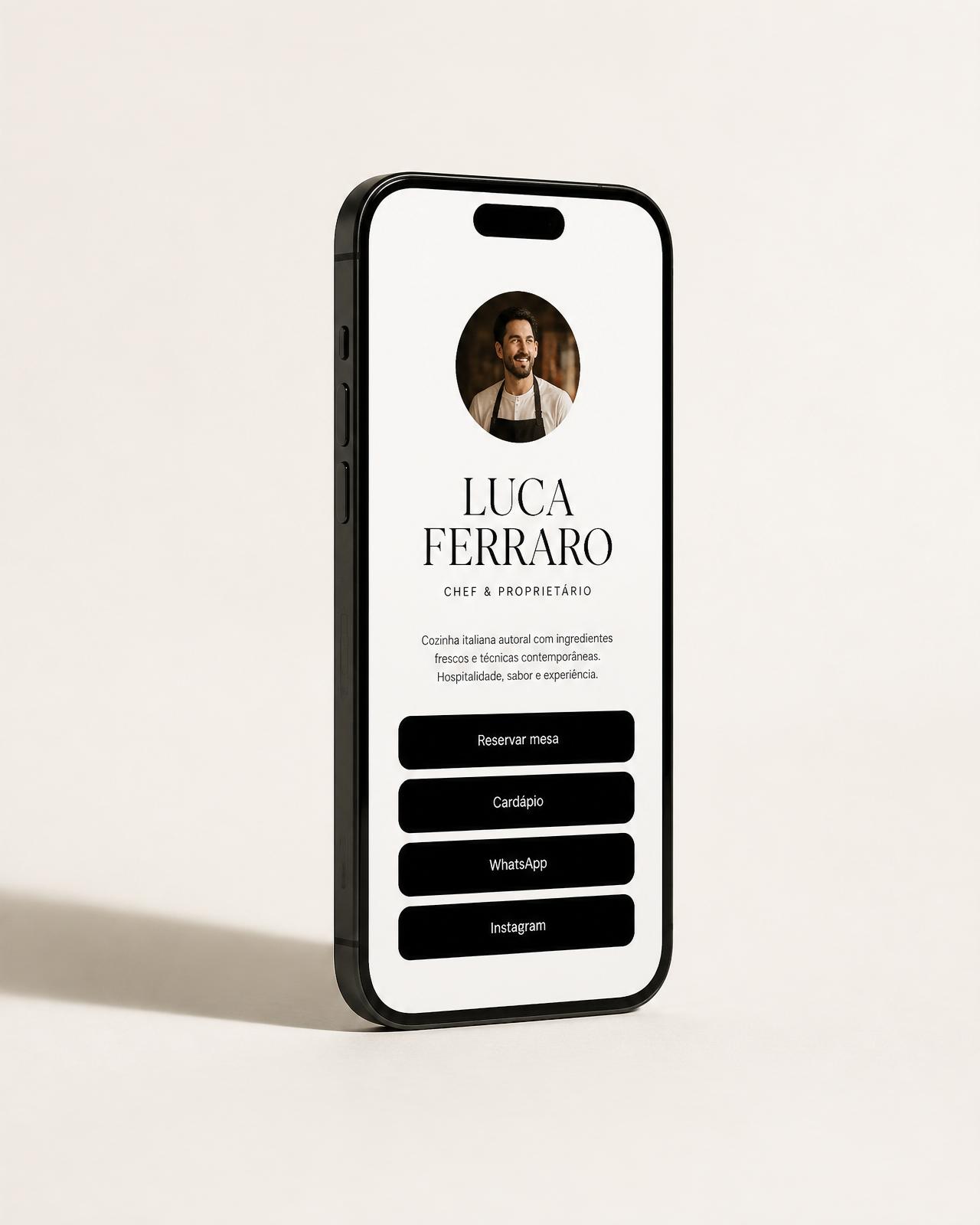 Bio link DuualBio premium exibido em iPhone, demonstrando design editorial